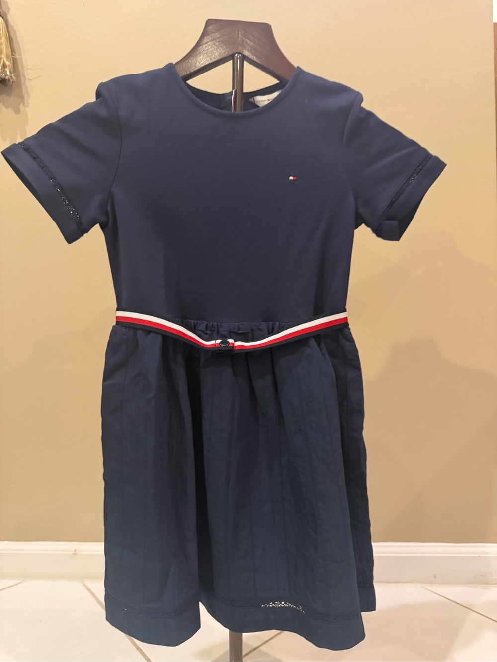 Tommy Hilfiger Navy Girls' Short-Sleeve Belted Fit-and-Flare Dress